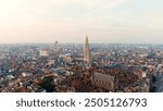 Antwerp, Belgium. Panorama overlooking the Cathedral of Our Lady (Antwerp). Historical center of Antwerp. City is located on the river Scheldt (Escaut). Summer morning, Aerial View  