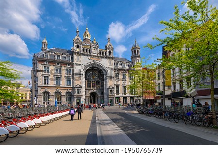 Antwerp Central Station in Antwerp, Belgium. Cozy cityscape of Antwerpen. Architecture and landmark of Antwerpen