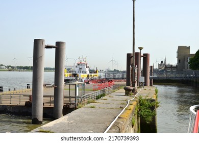 Antwerp city, Province Antwerp, Belgium - June 18, 2022: ferry waiting for more customers for departure to navigate to the other side of the river Scheldt. Welkombijvloot.be banner in front of ship