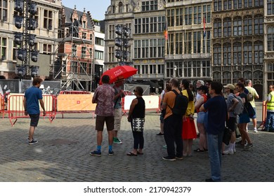 Antwerp city, Province Antwerp, Belgium - June 18, 2022: city hall Antwerp. The free tour guide explaining tourists the history from year 1564 of the Renaissance building  renovation just finished