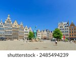 Antwerp cityscape with Brabofontein Brabo Fountain and guild houses guildhalls buildings on Grote Markt Big Market Square in historical city centre, Antwerpen old town, Flemish Region, Belgium