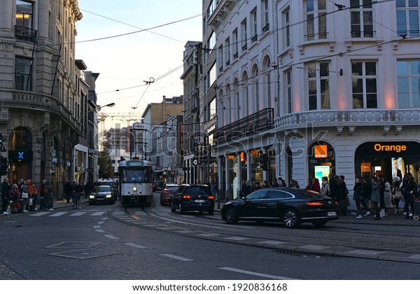 Antwerp, a European city in Belgium on
30.10.2019. Trams are common scene in European
cities.