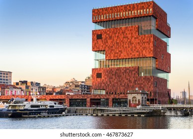 ANTWERP,BELGIUM - APRIL 11: The MAS on April 11, 2016 in Antwerp, Belgium. The museum collection tells the story of the city, the port and the world and on the roof of MAS, can see view of Antwerp.