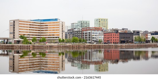 Antwerpen, Belgium, April 2022. Panoramic view of Bonaparte dock and office buildings, the Yuki company in Antwerp.