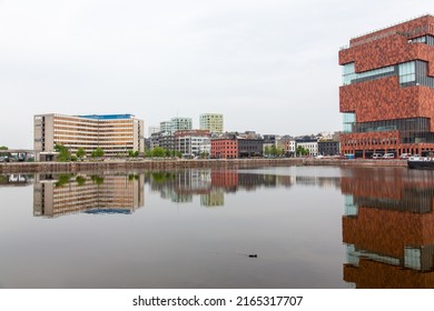 Antwerpen, Belgium, April 2022. Panoramic view of Bonaparte dock and office buildings, the Yuki company in Antwerp.
