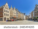 Antwerpen old town with typical flemish style houses buildings with gables and street restaurants on Grote Markt Big Market Square pedestrian street in Antwerp city historical centre, Belgium