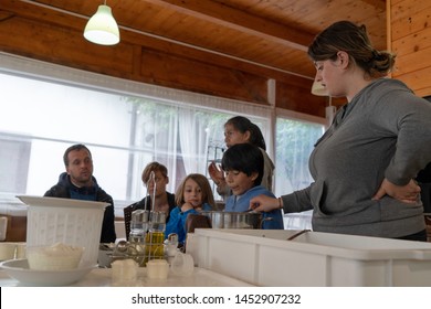 Anversa, Abruzzo / Italy -June 2 2019: Children Take Part In A Cheese Making Class On A Sheep Farm In Anversa. The Class Takes Place After Hike Which Highlights Traditional Sheep Farming Methods.