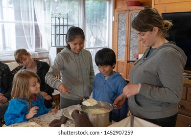 Anversa, Abruzzo / Italy -June 2 2019: Children Take Part In A Cheese Making Class On A Sheep Farm In Anversa. The Class Takes Place After Hike Which Highlights Traditional Sheep Farming Methods.