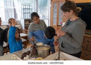 Anversa, Abruzzo / Italy -June 2 2019: Children Take Part In A Cheese Making Class On A Sheep Farm In Anversa. The Class Takes Place After Hike Which Highlights Traditional Sheep Farming Methods.