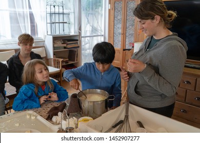 Anversa, Abruzzo / Italy -June 2 2019: Children Take Part In A Cheese Making Class On A Sheep Farm In Anversa. The Class Takes Place After Hike Which Highlights Traditional Sheep Farming Methods.