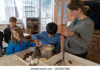 Anversa, Abruzzo / Italy -June 2 2019: Children Take Part In A Cheese Making Class On A Sheep Farm In Anversa. The Class Takes Place After Hike Which Highlights Traditional Sheep Farming Methods.