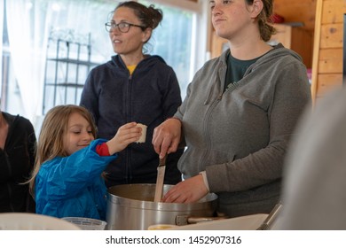 Anversa, Abruzzo / Italy -June 2 2019: Children Take Part In A Cheese Making Class On A Sheep Farm In Anversa. The Class Takes Place After Hike Which Highlights Traditional Sheep Farming Methods.