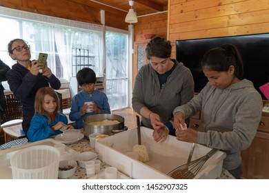 Anversa, Abruzzo / Italy -June 2 2019: Children Take Part In A Cheese Making Class On A Sheep Farm In Anversa. The Class Takes Place After Hike Which Highlights Traditional Sheep Farming Methods.