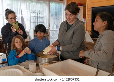 Anversa, Abruzzo / Italy -June 2 2019: Children Take Part In A Cheese Making Class On A Sheep Farm In Anversa. The Class Takes Place After Hike Which Highlights Traditional Sheep Farming Methods.