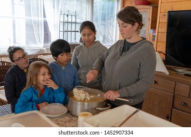 Anversa, Abruzzo / Italy -June 2 2019: Children Take Part In A Cheese Making Class On A Sheep Farm In Anversa. The Class Takes Place After Hike Which Highlights Traditional Sheep Farming Methods.