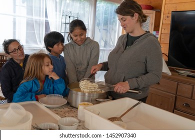 Anversa, Abruzzo / Italy -June 2 2019: Children Take Part In A Cheese Making Class On A Sheep Farm In Anversa. The Class Takes Place After Hike Which Highlights Traditional Sheep Farming Methods.