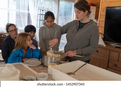 Anversa, Abruzzo / Italy -June 2 2019: Children Take Part In A Cheese Making Class On A Sheep Farm In Anversa. The Class Takes Place After Hike Which Highlights Traditional Sheep Farming Methods.