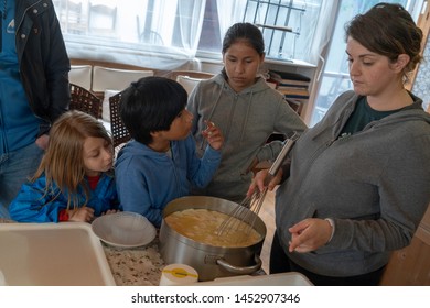 Anversa, Abruzzo / Italy -June 2 2019: Children Take Part In A Cheese Making Class On A Sheep Farm In Anversa. The Class Takes Place After Hike Which Highlights Traditional Sheep Farming Methods.