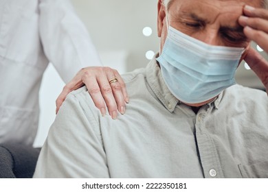 Anxiety, Stress And Covid Mask Of An Elderly Man With A Helping Hand From A Woman. Senior Person Feeling Worried And Sad About Coronavirus, Grief Or Mental Health With Female Support And Care