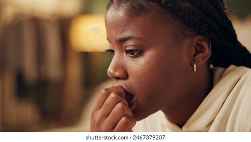 Anxiety, thinking and black woman in home with stress from financial loan, student debt and crisis. College, finance and girl with worry about problem, fear and coping with conflict in mental health - Powered by Shutterstock