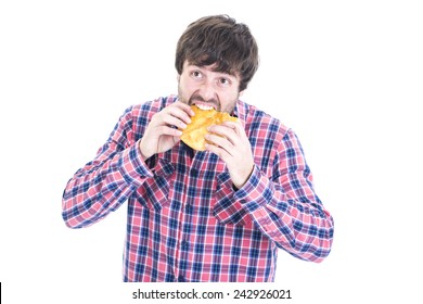 Anxious Young Man Eating Salt Bread 