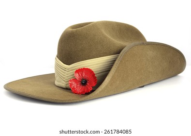 Anzac Day Army Slouch Hat With Red Poppy On White Background. 