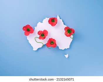 Anzac day. Remembrance day poppy symbol with paper cross. Australia and New Zealand national day of commemoration. Memorial day of the First World War