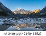 Aoraki Mount Cook Reflection in Hooker Lake with Glacial Ice Icebergs, Mount Cook National Park New Zealand, Southern Alps New Zealand
