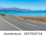 Aoraki  Mt. Cook viewed behind lake Pukaki in New Zealand