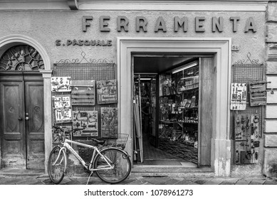 AOSTA, ITALY - 5 SEPTEMBER 2017: A Vintage Hardware Store In The Centre Of Aosta In Italy