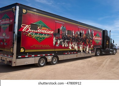 APACHE JUNCTION, AZ - FEBRUARY 26: Truck carrying the Budweiser Clydesdale horses arrives at the Lost Dutchman Days rodeo on February 26, 2010 in Apache Junction, Arizona.