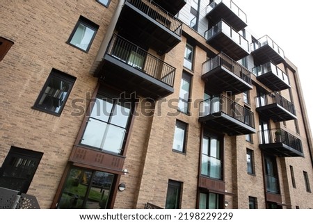 Apartment block in Manchester UK,  showing balconies on a modern build complex