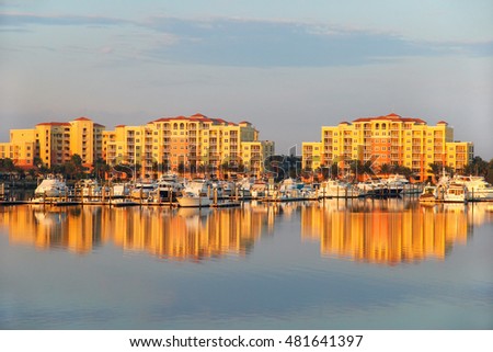 Apartment buildings and boats in early morning light, Palmetto, Florida
