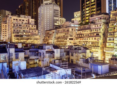 Apartment Buildings At Night In Hong Kong.