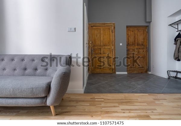 Apartment Contemporary Gray Sofa Old Wooden Stock Photo