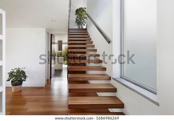 Apartment entrance\
hall with wooden staircase access to upper floor, design,\
furniture, home, modern, sea,\
wooden