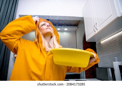 Apartment Flooded By Upstairs - Worried Woman Calling Repair Service While Water Leaking From Ceiling. Leaky Pipe In The Ceiling