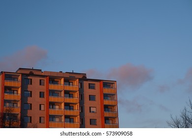 Apartment house in red evening light