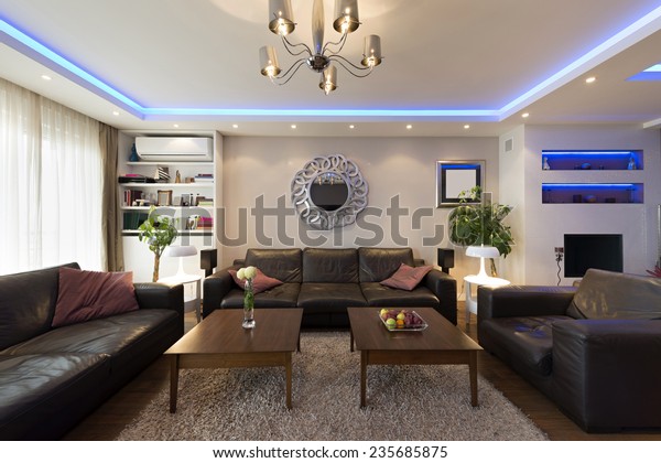 Apartment Interior Led Ceiling Lights Fireplace Stock Photo Edit