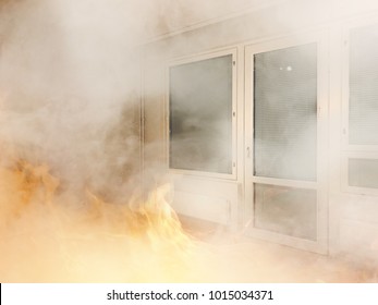 Apartment on fire. Burning apartment or building. White room burning with high flames.