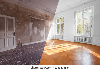 Wohnzimmer vor und nach der Restaurierung oder Renovierung - Renovierungskonzept   -