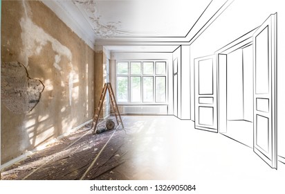 apartment room during renovation merged with outline drawing / sketch of the room 