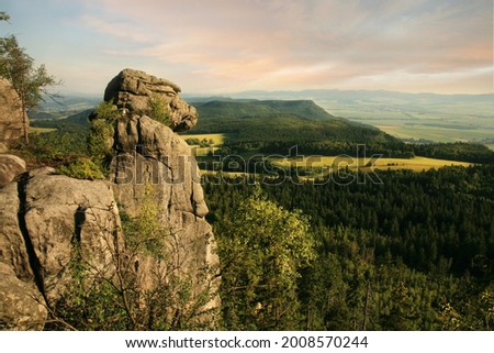 Ape is most famous rock formation in Table Mountains, Stolowe Mountains in Poland. View from Great Szczeliniec, Szczeliniec Wielki highest peak of Stolowe Mountains to Czech part of Table Mountains