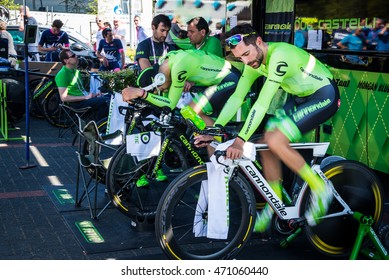 Apeldoorn, Netherlands May 6, 2016;  Davide Formolo And Moreno Moser Are Warming Up Concentrated On The Rollers Before The Time Trial Stage At Apeldoorn.