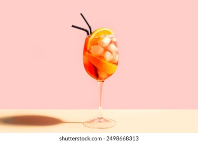 Aperol Spritz Cocktail in glass with orange slices on pink peach background, minimal trendy shot.  Alcohol Aperol Spritz Aperetivo. - Powered by Shutterstock