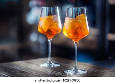 Aperol spritz drink on bar counter in pub or restaurant.