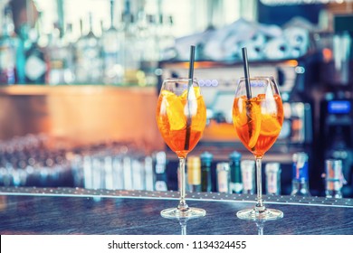 Aperol Spritz Drink On Bar Counter In Pub Or Restaurant.