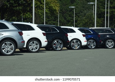 Apex, NC/United States- 09/29/2018: A Row Of Audi Automobiles At A Dealership.