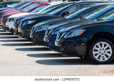 Apex, NC/United States- 09/29/2018: A Row Of Nissan Vehicles At A Company Owned Dealership. 