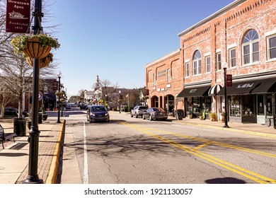 Apex, North Carolina USA-02 20 2021: A View Of Downtown Apex From The Street.